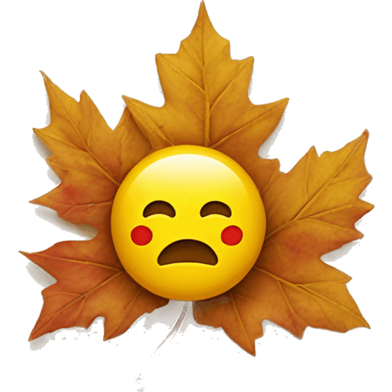 a classic yellow emoji happy face where instead of eyes it has 2 red maple leaves  emoji