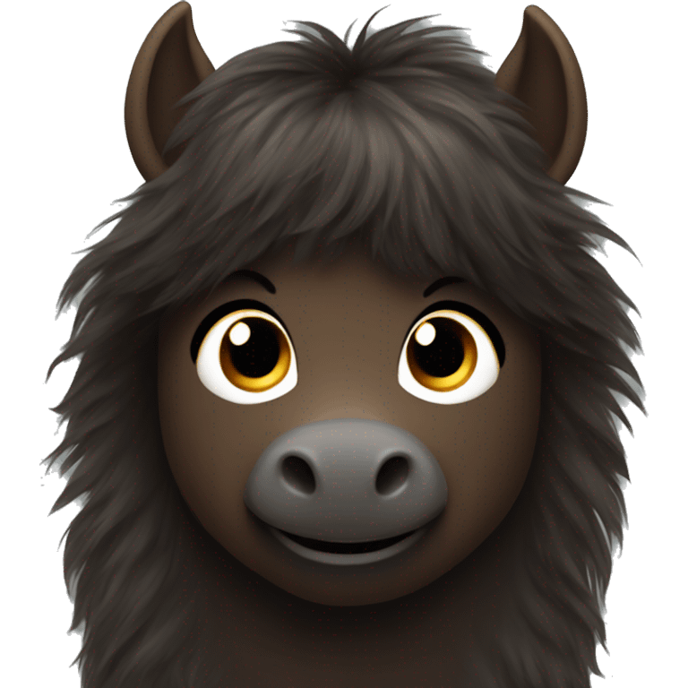 Dark brown fluffy icelandic pony with much bangs emoji