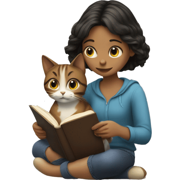 a girl reading a book and a cat emoji