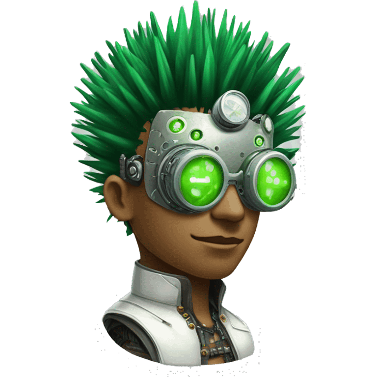 Green Mohawk hair male cyborg head with white steampunk goggles and circuits emoji