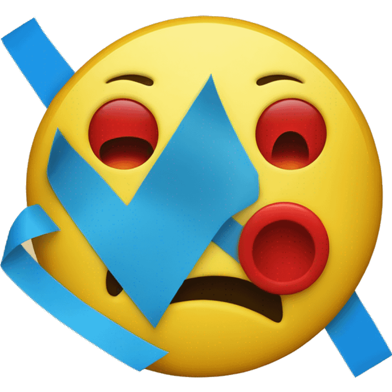 an upside down yellow smiley face with a red outline and a blue smile, the eyes are covered with blue tape emoji