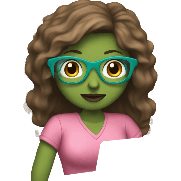 Female coding teacher featuring a laptop. She has long brunette hair, green eyes, white skin, teal eye glasses, rose lips, and a pink feminine shirt emoji