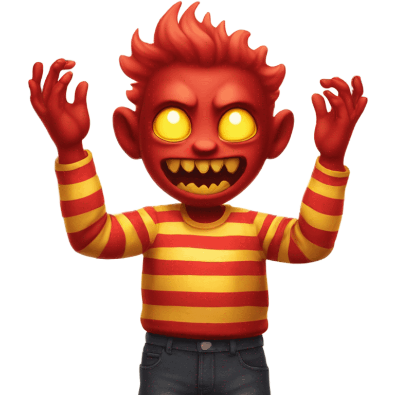 Evil red glowing eyed demon clapping hands wearing a yellow and red stripped shirt  emoji