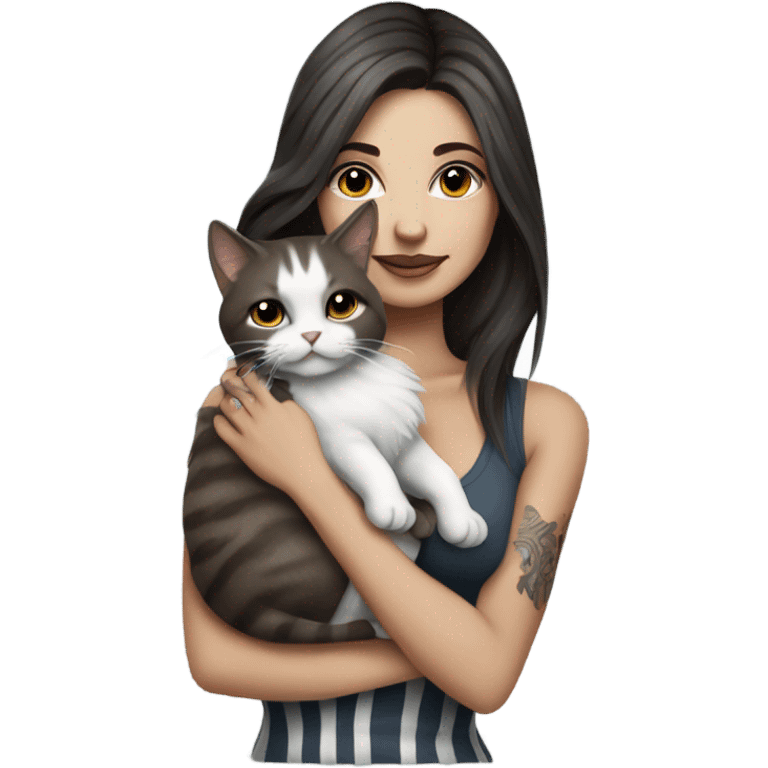 Beautiful dark brown haired tattooed woman holding gray and white striped long hair cat emoji