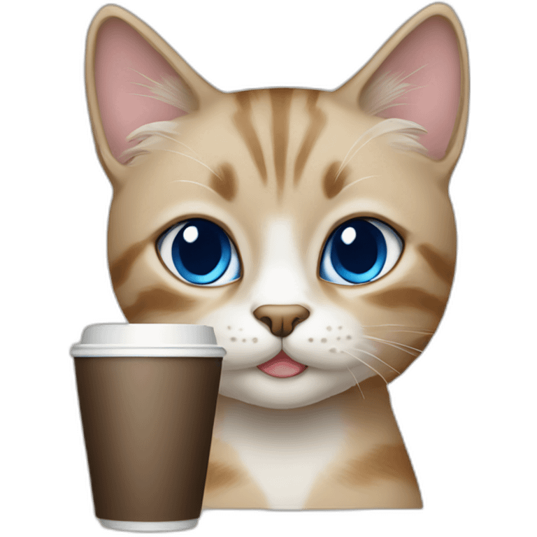 light brown grey-point blue eyes cat with coffee emoji