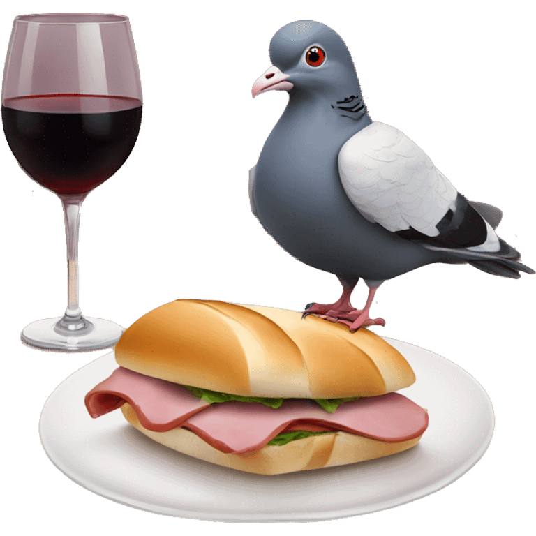 Pigeon with a PSG football club hat enjoying a red wine glass and lying on a ham and butter baguette sandwich emoji