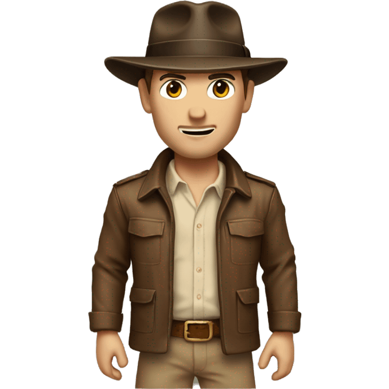 White Indiana Jones with a dark brown jacket and a brown hat, beige shirt emoji