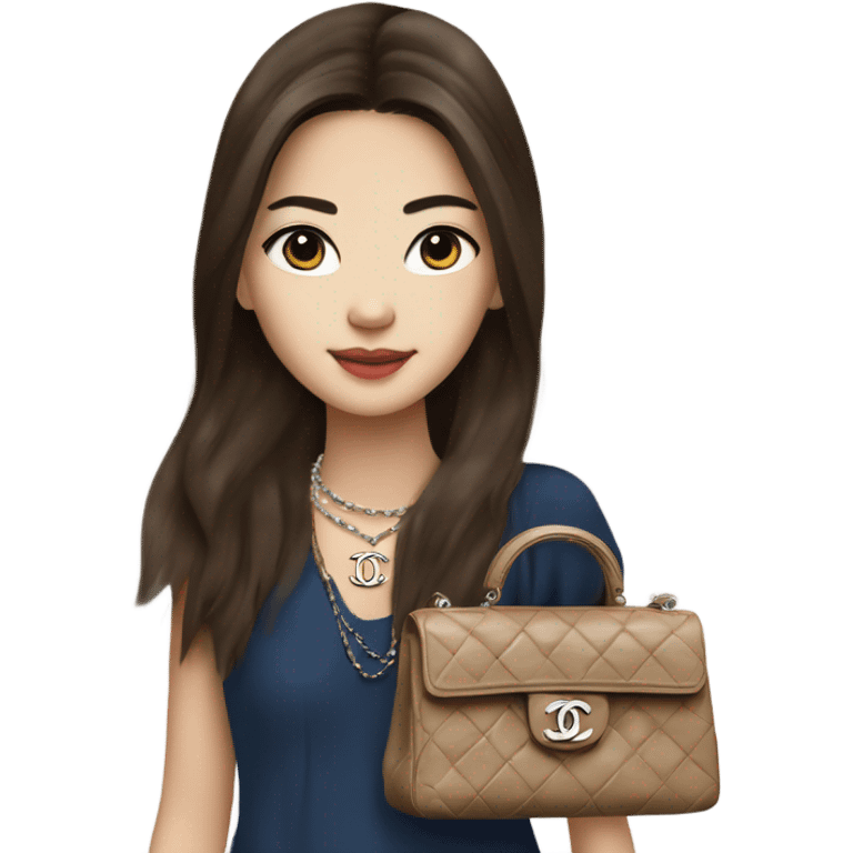 Realistic brown hair blue eyes Chanel Asian Girl with Birkin bag and Chanel necklace emoji