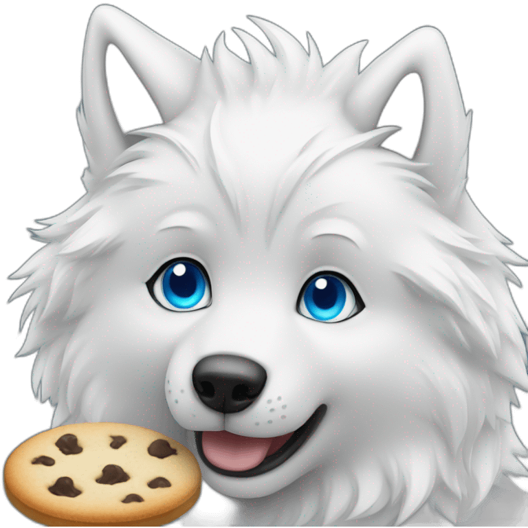 A cute white wolf with blue eyes, eating a single delicious cookie emoji