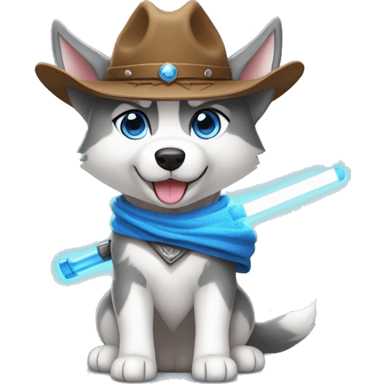 Gray Siberian Husky with blue eyes puppy wearing a cowboy hat dressed in Jedi clothing Holding a Lightsaber with the Paw emoji