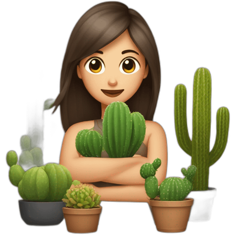 Femme brune qui tient trois petit cactus emoji