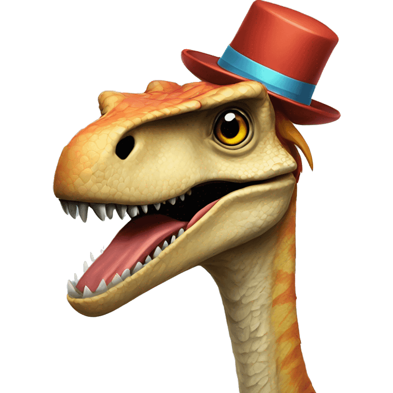 A Velociraptor wearing a party hat and blowing a tiny kazoo emoji