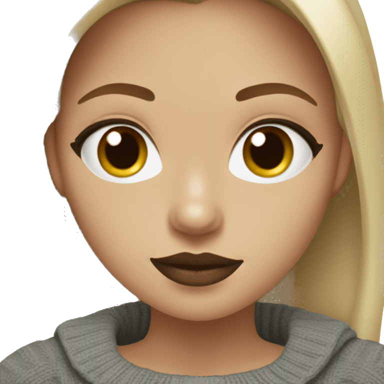 light skinned girl with dark green eyes and brown hair with blonde highlights wearing a grey off the shouldler sweater and dark red lipstick emoji