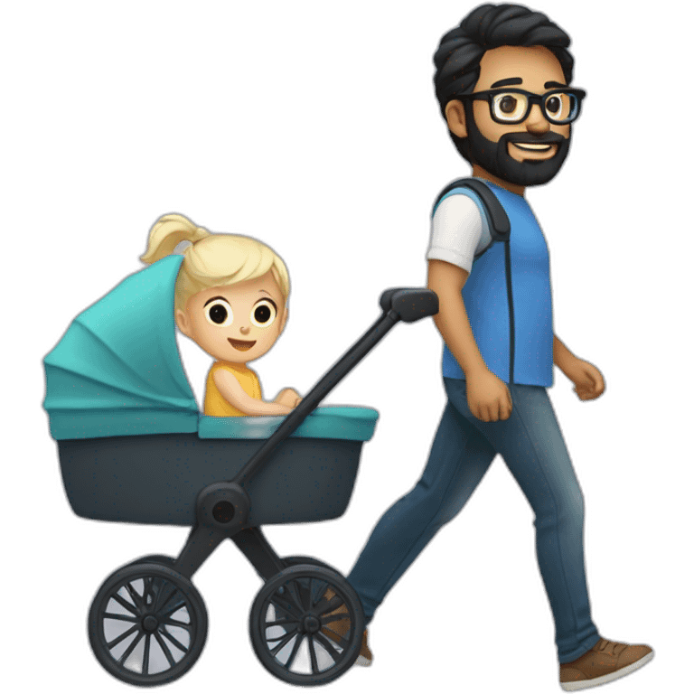 Black haired man with beard and glasses pushing buggy with blonde baby emoji