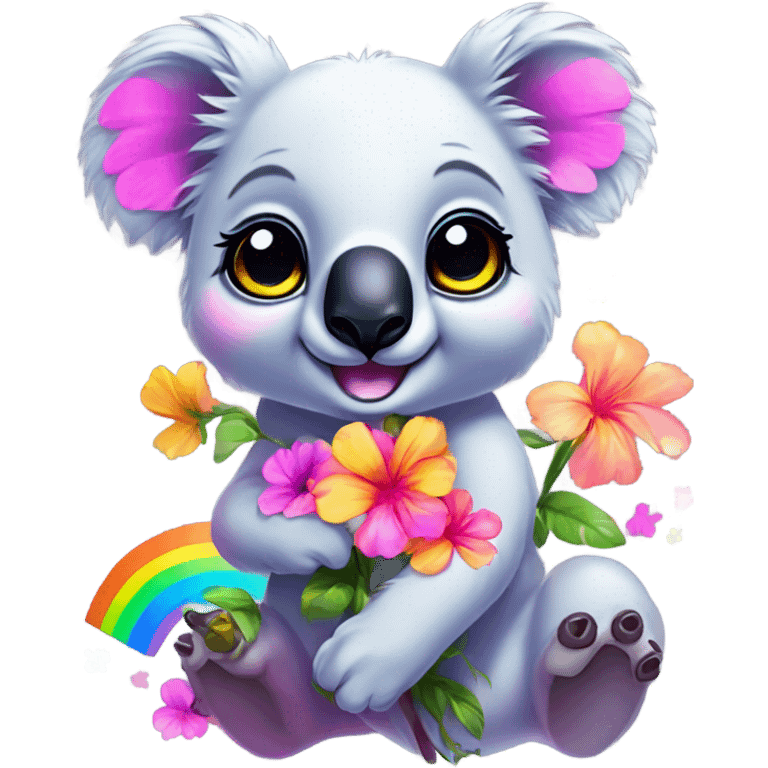 Lisa Frank koala bear with rainbow eyes with flowers emoji