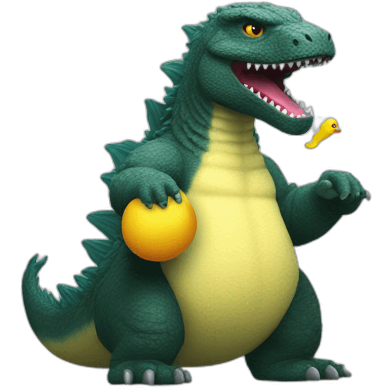 Godzilla playing with a rubber duck emoji