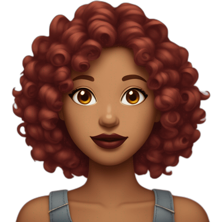 Emoji girl with honey tone skin with burgundy curly hair and big lips with lip liner and almond eyes emoji