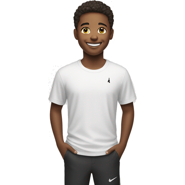 smiling boy in white Nike shirt emoji