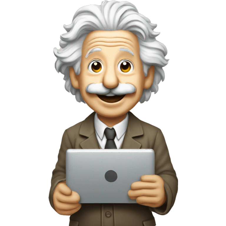 happy albert einstein holding computer in one hand emoji