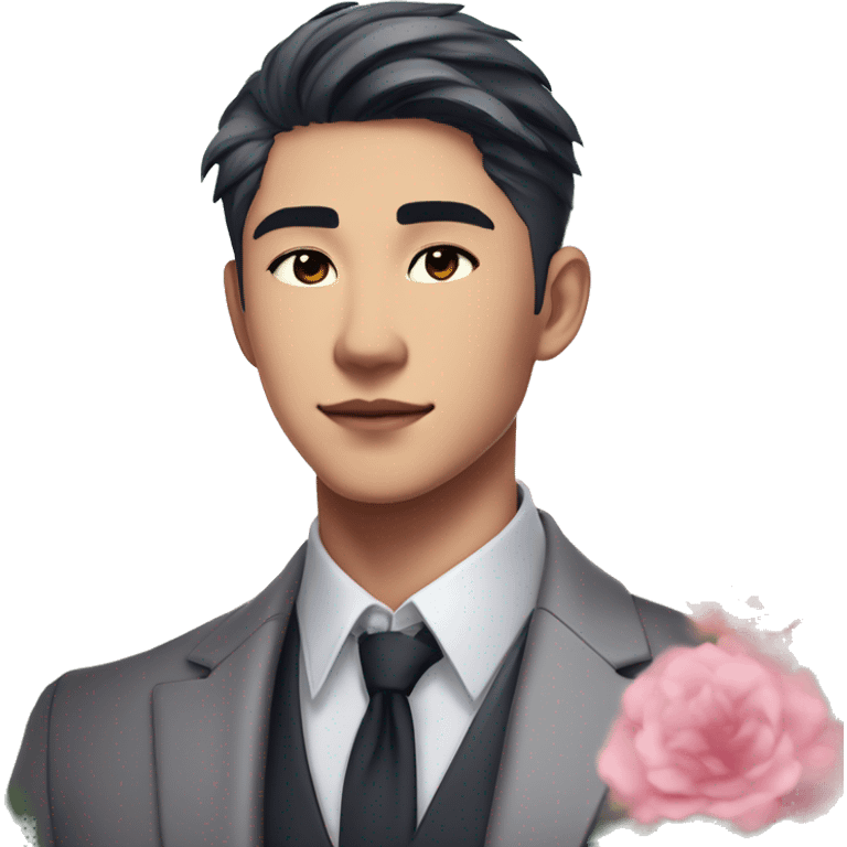 Gorgeous romantic anime style Asian formal modern gentlemanly guy with flowers and blushing face aesthetic trending style outside with colorful gradient colors emoji