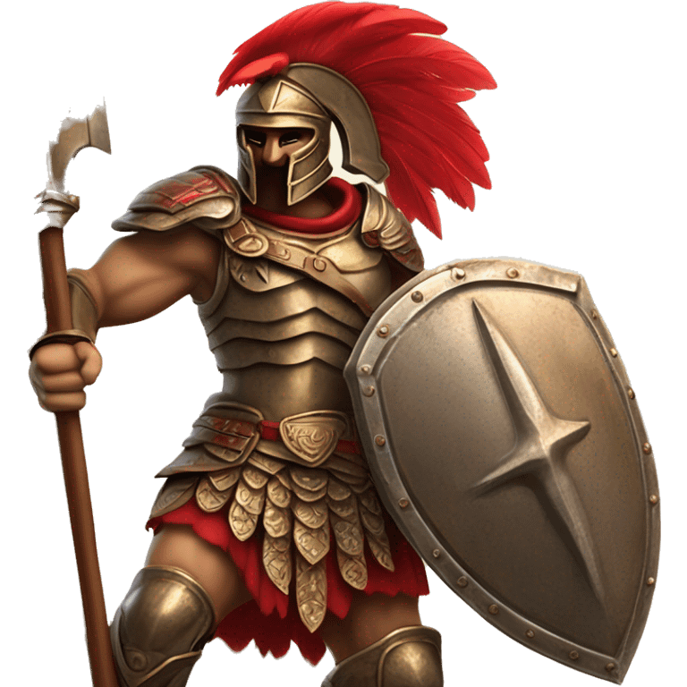 Fantasy spartan warrior, male, wearing detailed bronze armor with a red plumed helmet, wielding a spear and a round shield with intricate designs battlefield in the background in a highly detailed and realistic style.
 emoji