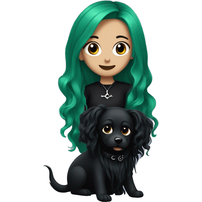 a goth girl with green long wavy hair and two black dogs emoji