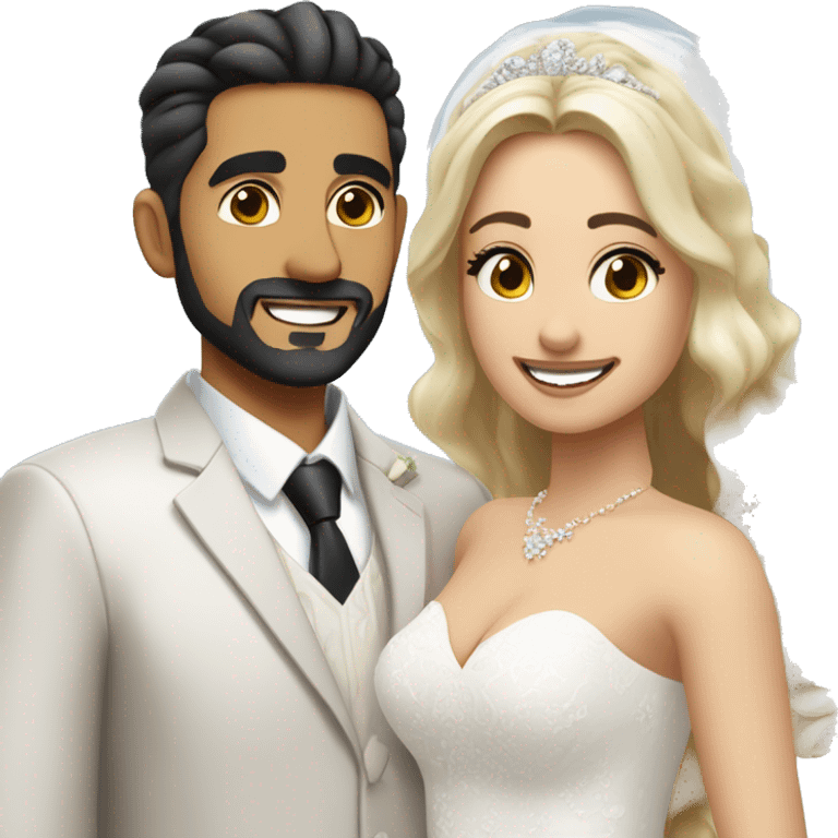 Wedding couple with Handsome middle eastern man with goatee aand big smile , black hair color , shaved hairstyle  , thick eyebrows , and the bride is beautiful , with blonde hair color  , hair down , and big upper chest emoji