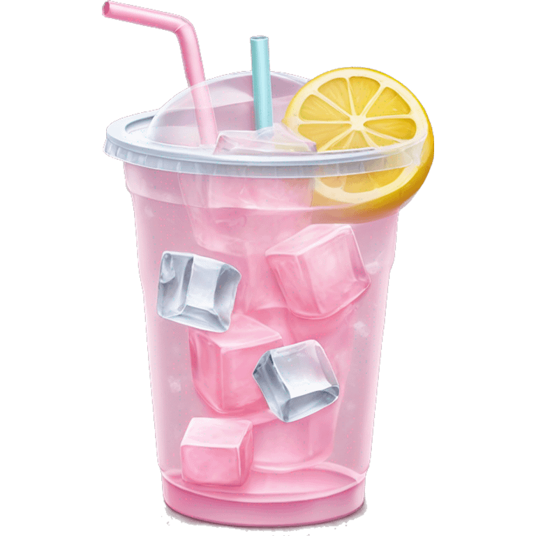 Realistic plastic cup and lid with Transluscent light pink soda and large ice cubes inside and one straw through the top of the lid. emoji