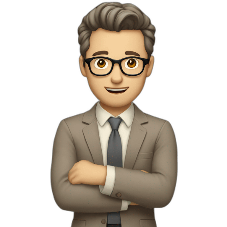 To belt Actively gesturing with hands Pale skinned fit man with dark brown hair in gray jacket, beige office shirt, brown tie, brown pants and vintage glasses. emoji