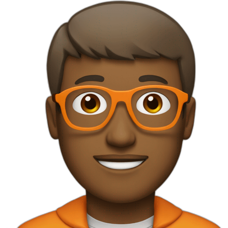 a man with a bowl cut brown squar glasses, a orange jacket emoji