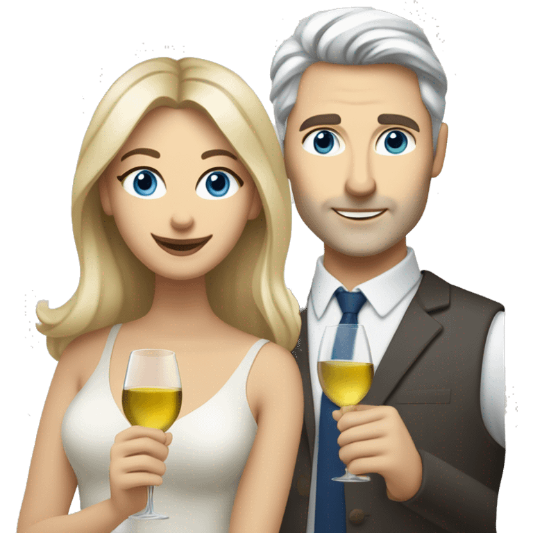 caucasian woman with brown eyes and blond medium long hair and a caucasian man with blue eyes and grey hair, toasting with a glass of white wine emoji