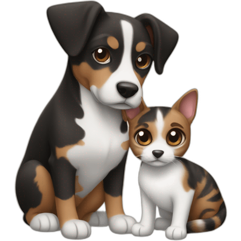 Black tabby cat and brown Jack Russell dog hugging emoji