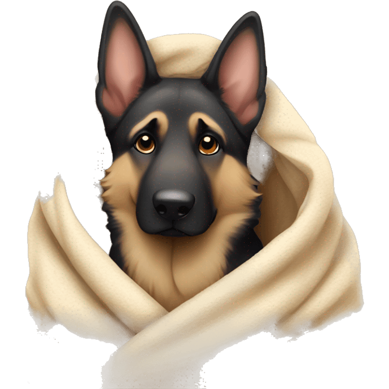 A fluffy German Shepherd wrapped in a blanket with a tender look emoji