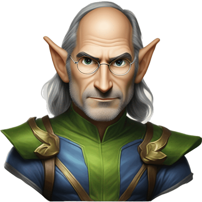 Warcraft elf award winning Steve Jobs in Marvel Avengers style, oil paint, mysterious eyes, intricate lips, masterpiece pose, odd perspective, beautiful, desirable, logical emoji