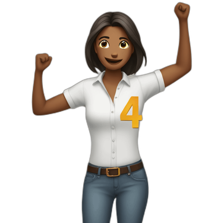 woman wearing a shirt with a horse and the number 54 on it. She has her hands in the air to celebrate emoji