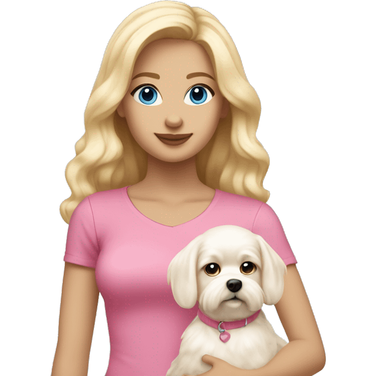 Girl with light skin, blonde waves hair,blue eyes , wearing in pink top.  hold on Maltese dog emoji