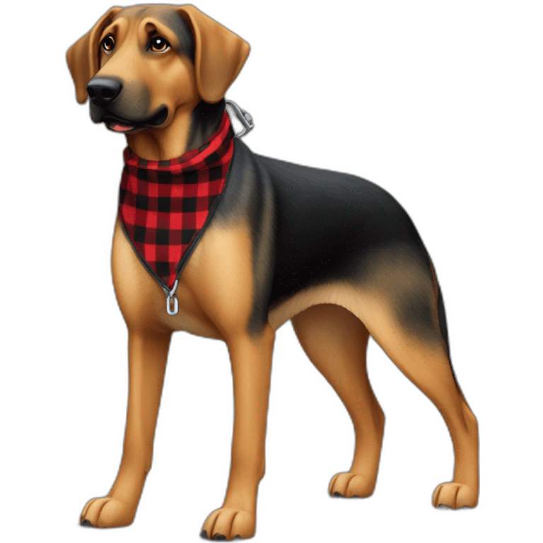 adult 75% Coonhound 25% German Shepherd mix dog wearing small pointed red buffalo plaid bandana full body walking left with leash emoji