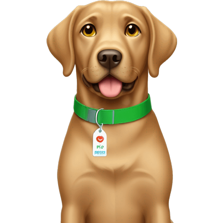 Light brown chocolate Labrador wearing green collar looking straight with name tag CHIP emoji