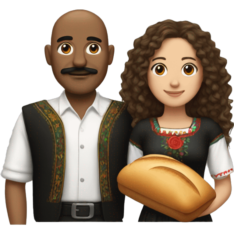 Mexican girl with long curly brown hair with red at the bottom and a black bald man with a bread and mustache emoji