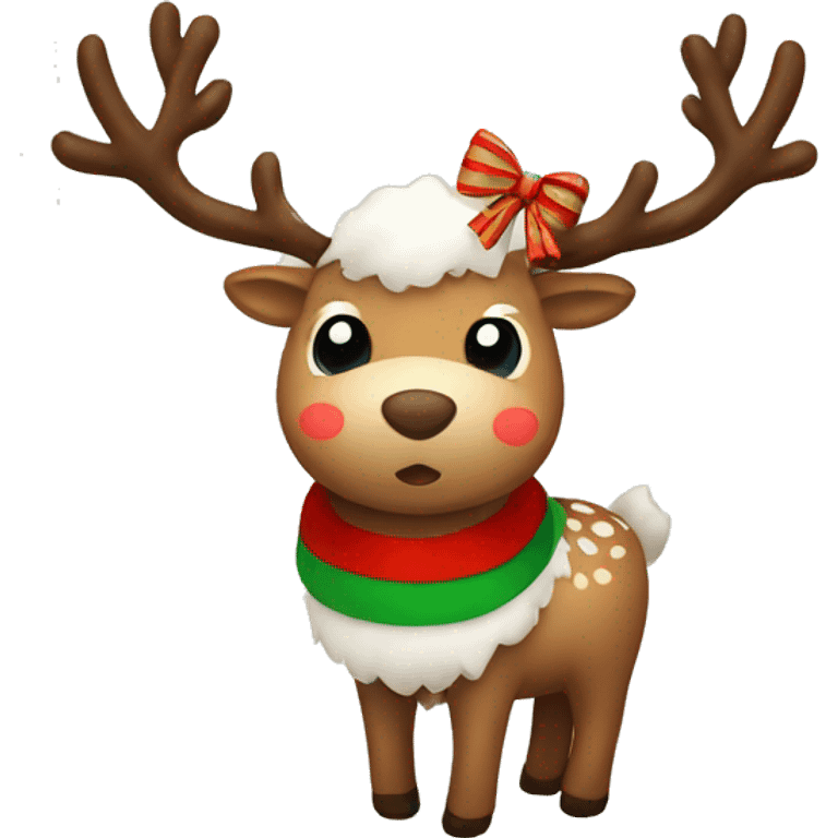 fluffy cute reindeer with a red and green striped bow emoji