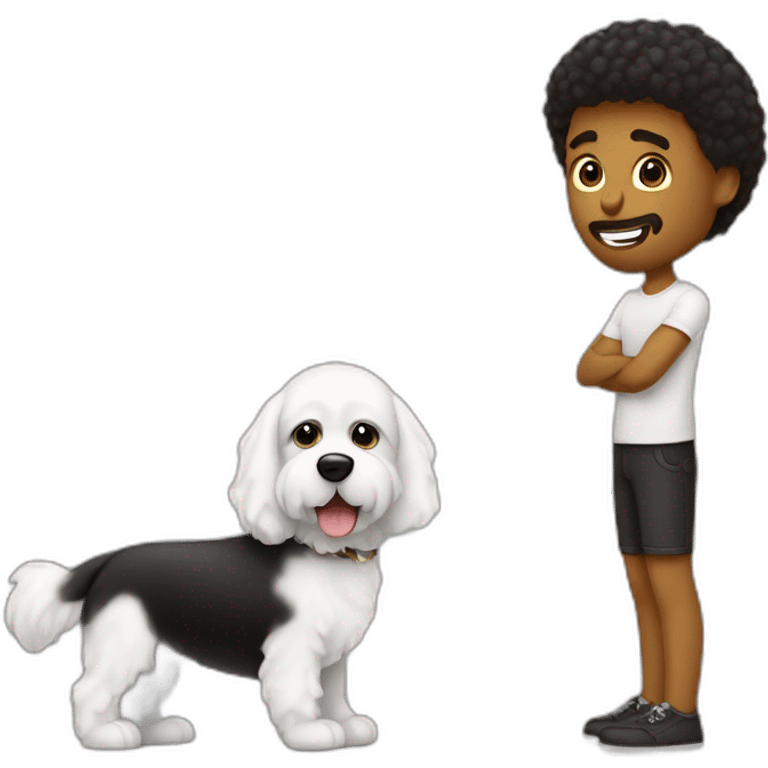 hombre blanco de pelo negro abrazando a una perrita color café raza grande emoji