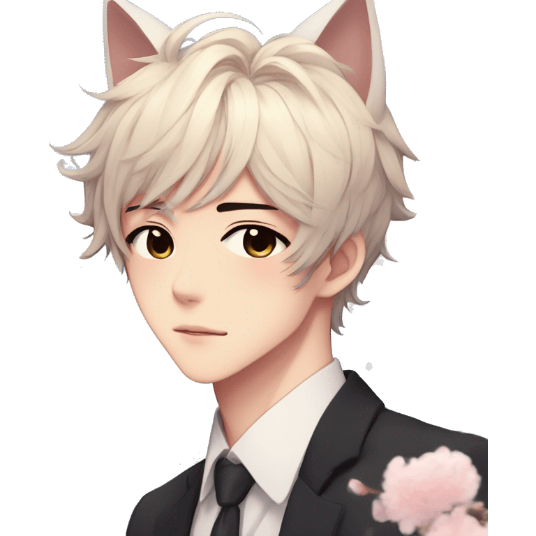 Gorgeous romantic anime style Asian formal modern shojo guy with cat ears and flowers and blushing face aesthetic trending style outside emoji