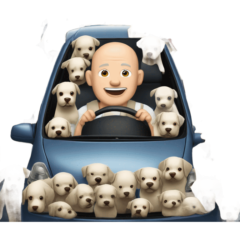 A bald man in his 50s driving a Prius filled with a bunch of dogs sticking their heads out of the windows emoji