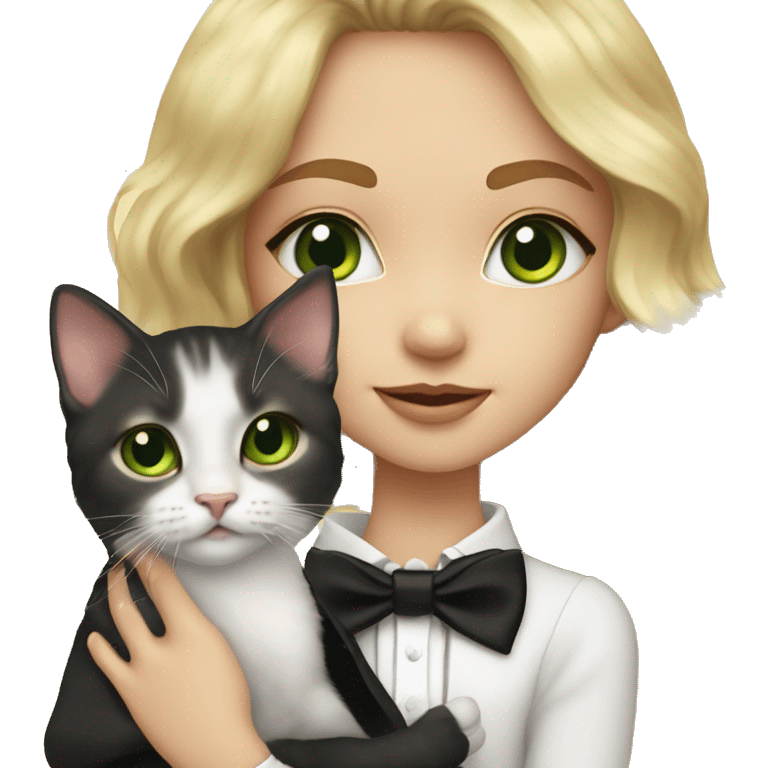 blonde girl with medium lenght wavy hair and green eyes holding a tuxedo kitten with a black bow collar and yellow eyes emoji