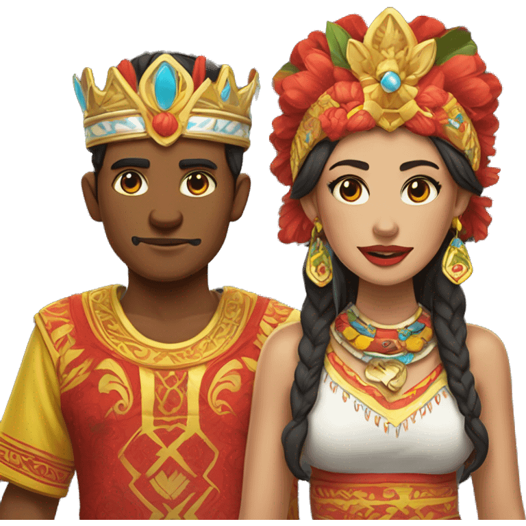 The male has a red face and fierce features, the female a white face and soft features. Both wear vibrant Betawi clothing and tall, crown-like headdresses with colorful decorations. emoji