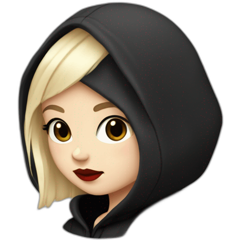 Tiny White girl lightly tanned with very short black coloured haircut black eyes and black hair wearing black messa hoodie like alyx Vance and red lipstick  emoji