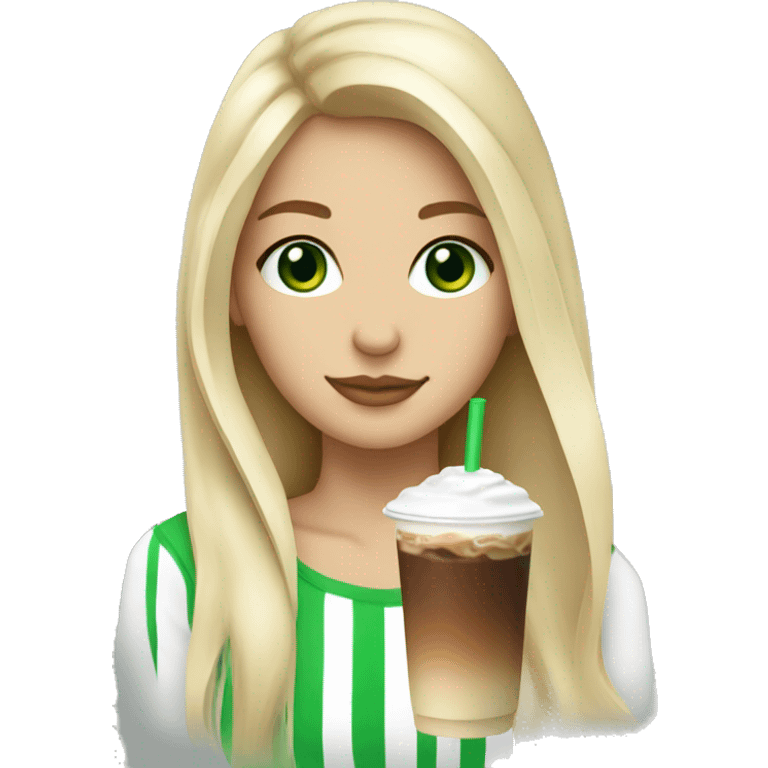 Blonde girl long hair green eyes drinking iced latte emoji