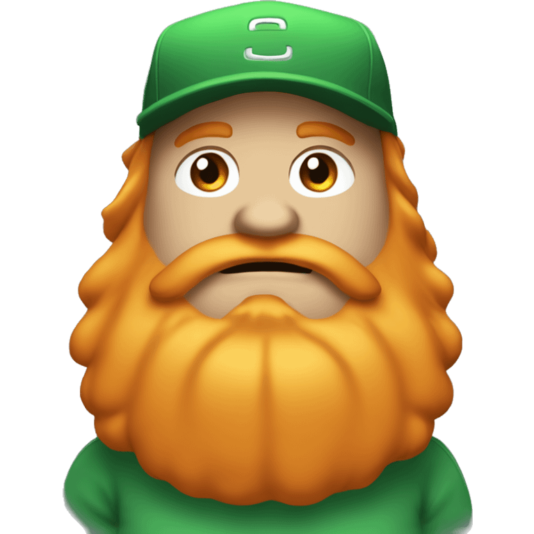 fat man with orange long hair and large beard. Green baseball cap and confident. smug expression with a slight smirk and half-closed eyes. emoji