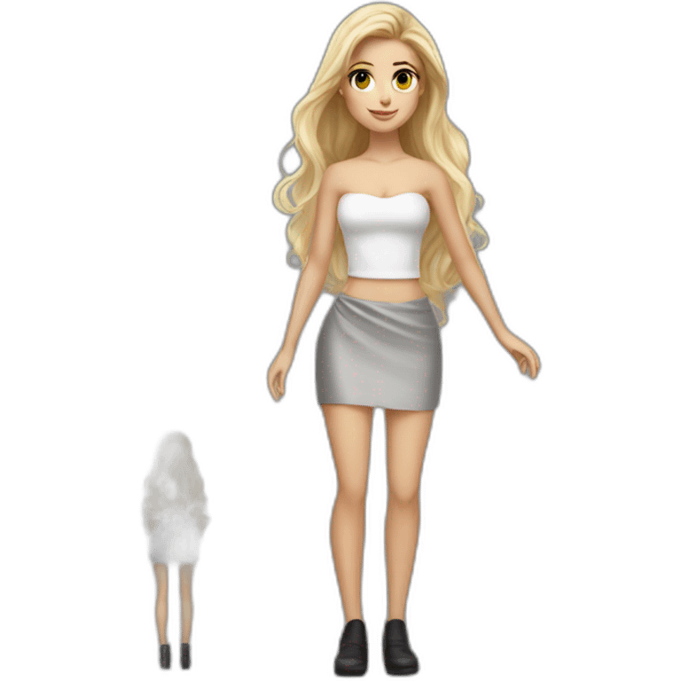 hyperrealist caucasian long hair blonde brown eyes strapless white top gray tight mini skirt black shoes full body emoji