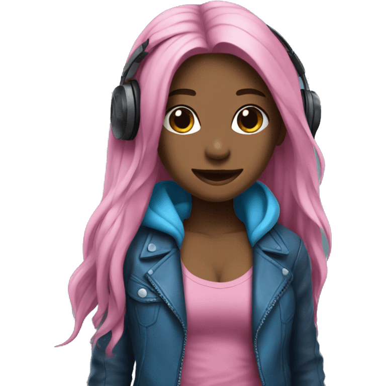 hot rock; leather; girl; pink and blue long hair with headphones emoji